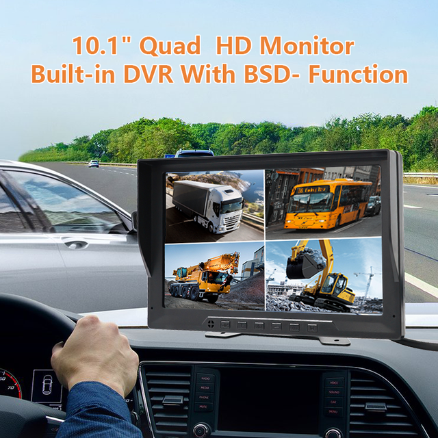 10.1" Quad AHD HD Monitor with Built-in DVR 4CH 1080P/720P Inputs Loop Recording Car Monitor 1024*600 10.1 Inch IPS LCD Display