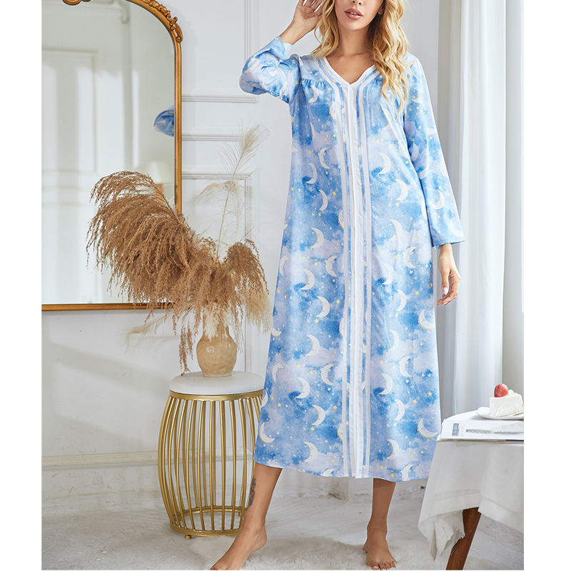 Custom Soft Printed Pajamas Long Sleeve Lady Plus Size Sleep Long Dresses Women's Sleepwear