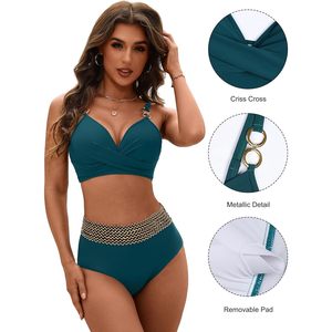 Conjunto de bikini de cintura alta para mujer, traje de baño de dos piezas con control de abdomen y efecto push-up, top halter cruzado - Product Image 4