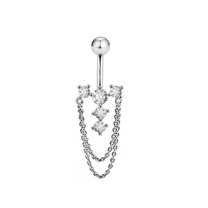 Piercing da <span class=keywords><strong>Ombelico</strong></span> Pendente di Grande Successo con Catena in Acciaio Inossidabile, Fiore di Zirconi Incastonati e Lunghe Nappe - Product Image 3