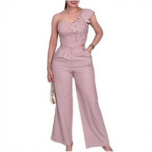 Ensemble deux pièces rose clair pour femme avec broderie florale, pantalon large, tenue élégante respirante printemps/été - Product Image 4