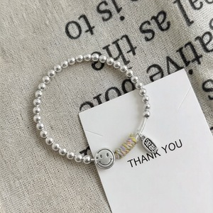 Bracelet en perles argentées avec visage souriant pour femmes, bijoux en corde élastique en argent pur, cadeau - Product Image 4