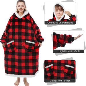 Felpa con Cappuccio Personalizzabile Taglie Forti, in Pile Caldo e Pesante, a Quadri, con Maniche Utilizzabili come Coperta TV - Product Image 1