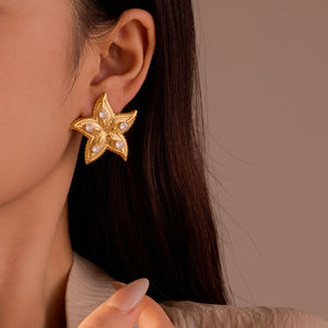 Boucles d'oreilles minimalistes <span class=keywords><strong>en</strong></span> acier inoxydable plaqué or 18 carats avec motif étoile de <span class=keywords><strong>mer</strong></span> et feuille, clous sertis de zircon pour femme - Product Image 3