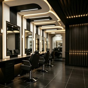 Salon de coiffure moderne pour hommes sur mesure, design de style noir avec un style spécial, présentoir de salon - Product Image 1