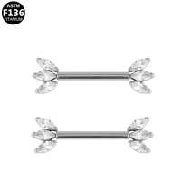 Gaby 14G ASTM F136 Piercings de pezón de titanio sin rosca, Barbell de pezón dorado con 3 circonitas marquise en forma de abanico orientadas hacia adelante, Regalo de boda