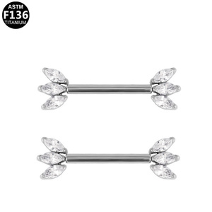 Gaby 14G ASTM F136 Piercings de téton sans filetage en titane, Barbell doré pour téton avec <span class=keywords><strong>3</strong></span> CZ Marquise en éventail orienté vers l'avant, Cadeau de mariage - Product Image 3