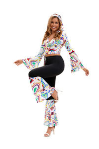 Ensemble vintage années 70 : haut court et pantalon pattes d'éléphant à imprimé abstrait style disco, tenue rétro <span class=keywords><strong>hippie</strong></span>, costume <span class=keywords><strong>de</strong></span> film et <span class=keywords><strong>de</strong></span> télévision - Product Image 3