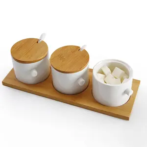 Weimer conjunto de tanque de cozinha, conjunto de capa de bambu para tempero de cozinha, sal, açúcar, tempero, acessórios de cozinha com base de bambu