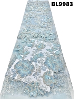 Tissu en dentelle en gros, bleu ciel, perlé et brodé, d'Équateur, pour robes de mariée des Philippines, tissu en filet pour les fêtes