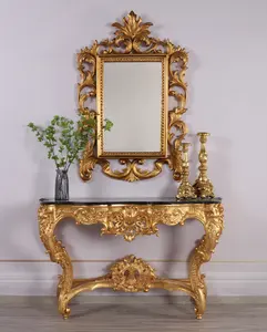 Decorative accent style gold entrance table and mirror set