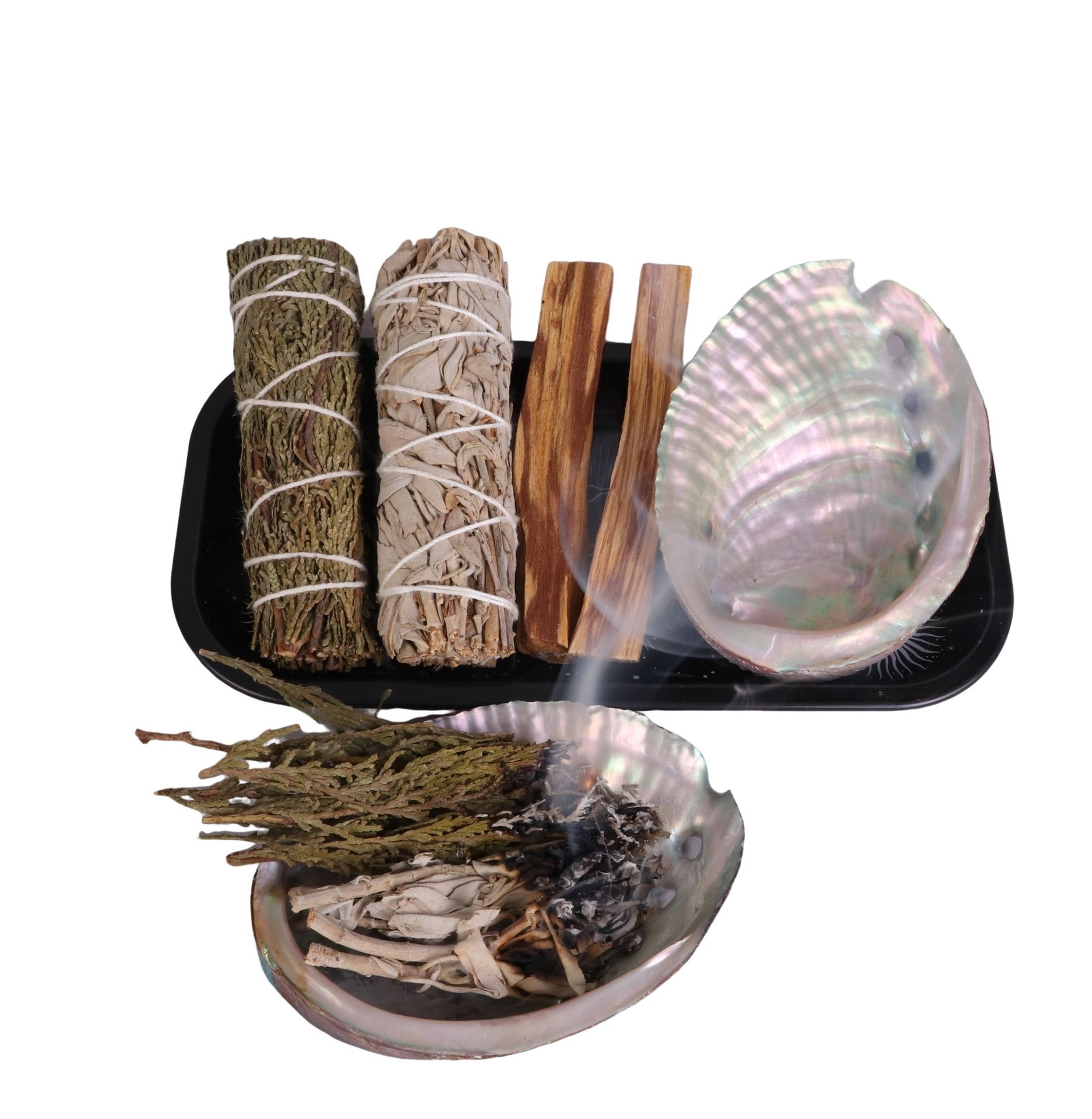 Conjunto de concha de abulón de madera sagrada de batalla de cedro de salvia blanca marrón