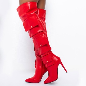 Big Size 44 Special Pockets Ornament Side Zip Women Over Knee High Boots Thin <b>Heel</b> Women Thigh High Booties Pointed Toe Boots - Product Image 5