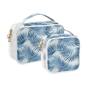 2PCS Blue Leaves Design Portable PVC Clear See Through Custom Small Beauty Cosmetic Pouch Organizer <b>Makeup</b> <b>Case</b> with Logo - Product Image 2