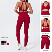 Ensemble 2 pièces de vêtements de yoga pour femmes, col en V, dos nageur, en tissu brossé solide, séchage rapide, respirant, grandes tailles, écologique et recyclable
