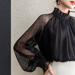 RNSHANGER blus sifon wanita polkadot, kemeja longgar Vintage kerah berdiri lengan panjang baru untuk perempuan - Product Image 3