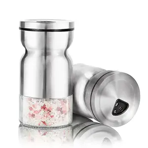 China Atacado Novo Design Sal e Pimenta Shakers com Suporte e Aço Inoxidável Shell Cozinha Spice Salt Shaker