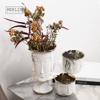 Vase de luxe Merlin Living, vase à visage plaqué or, décoration de table, vase à fleurs en céramique pour la maison, décoration en céramique
