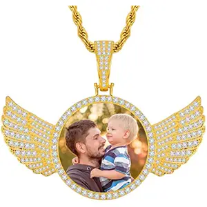 Hip Hop Jewelry Custom Picture Necklace Personalized Cubic Zirconia Angel Wings Round Pendant Photo Necklaces for Women Men