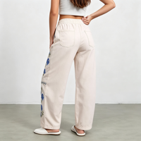 Jean en denim brodé pour femme, taille mi-haute, coupe ample style boyfriend, motif art populaire