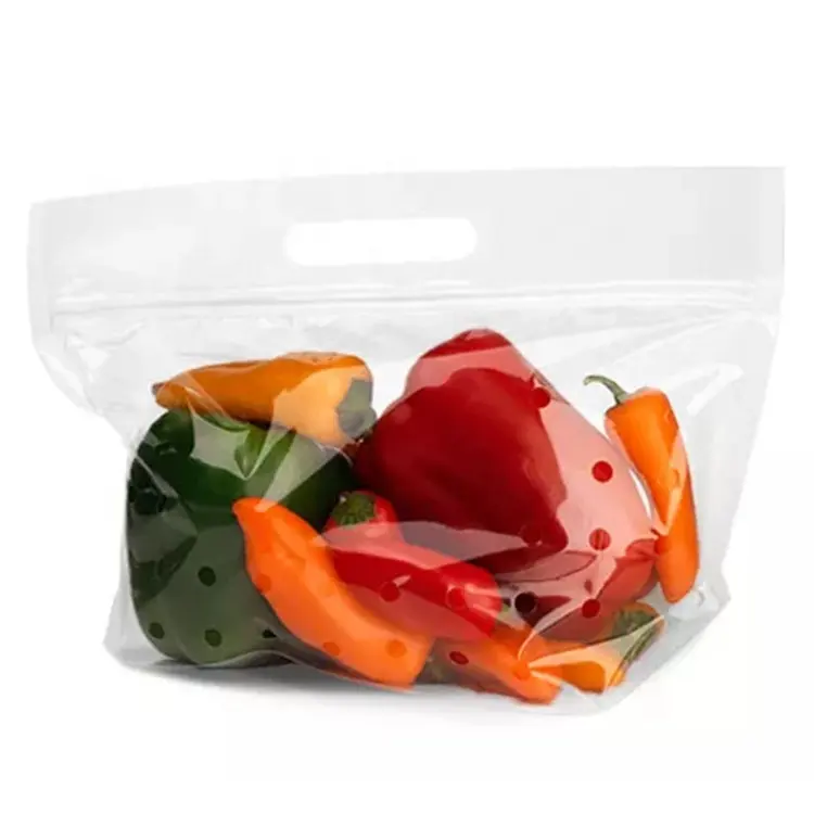 Clear Polyethyleen 2mil Stand-Up Pouch Custom Ritssluiting Geventileerde Produceren Tas Voor Verse Produceren