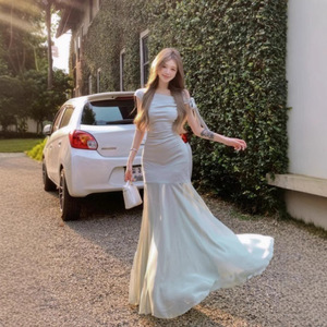 Vestido de malla verde estilo francés para mujer, largo hasta el suelo, cintura natural, asimétrico, de gasa, color liso, poliéster/algodón, para verano - Product Image 3