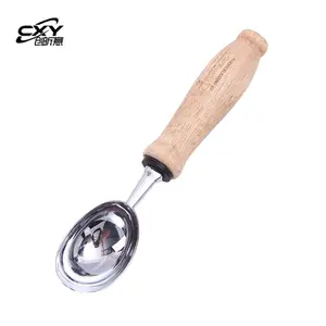 Nhà sản xuất bán buôn Ice Cream Scoop thép không gỉ tay cầm bằng gỗ muỗng tròn tiện ích nhà bếp