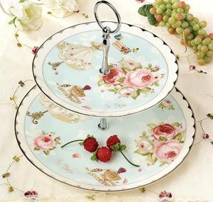 2 Katlı Vintage Çiçek Desenli Porselen Kek Standı, Altın Kaplama Doğum Günü Partisi veya Düğün İçin Pasta Sergi Standı - Product Image 2