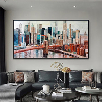 Original Peint À La Main Moderne New York Pont Paysage Acrylique Image À La Main Bâtiment Ville Paysage Couteau Peinture À L'huile Toile