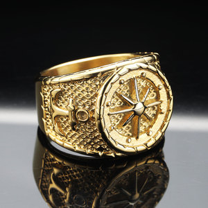 Bagues pour hommes style punk tendance, motif ancre et <span class=keywords><strong>camée</strong></span>, en acier inoxydable plaqué or et argent, avec motif étoile à huit branches en relief - Product Image 5