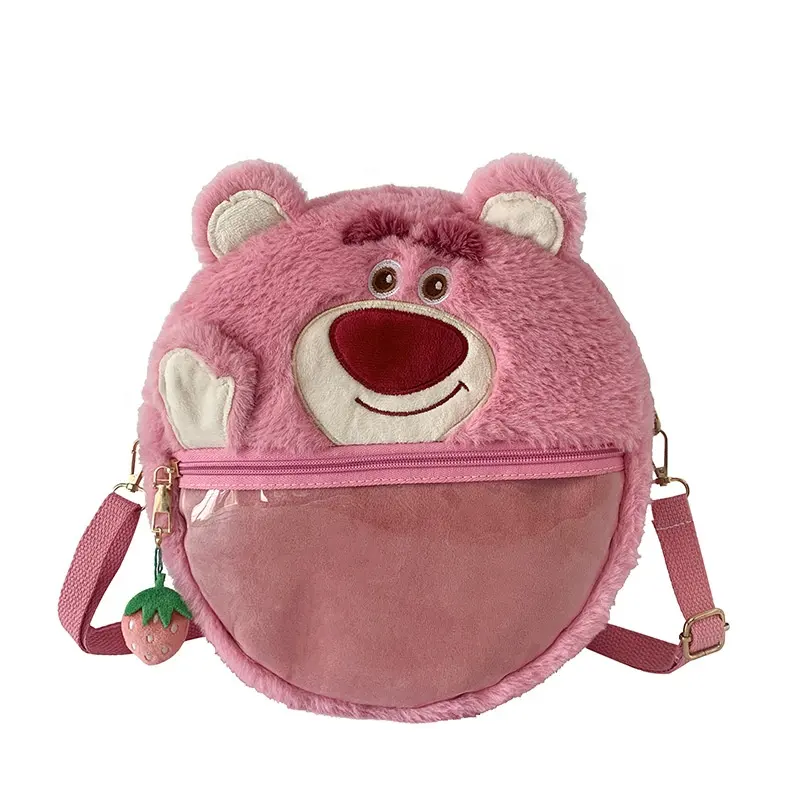 Custom Embroidery Cute Strawberry Bear Fluffy Cross Body Plush Ita Bag With Clear Window For Stuffed Doll