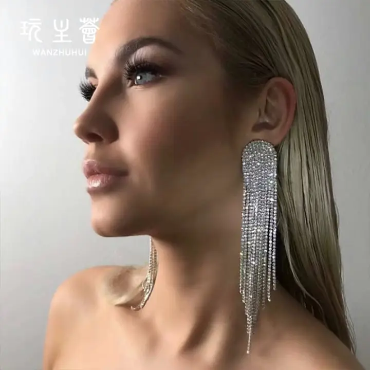 Fashionable rhinestone tassel drop earrings diamond long gold geometric earrings jewelry for women