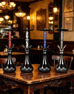 Ensemble de chicha décoratif en aluminium avec bol en verre, plusieurs tubes, design géométrique noir, pour usage en lounge - Product Image 3