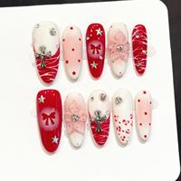 Faux Ongles Longs Ovales Faits Main à Coller, Rouge Blanc Rose, Nœud, Fleur 3D, Croix Argentée, Étoile, Classiques Brillants, Lot de 10 Faux Ongles