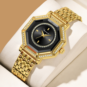 Montre pour femme de qualité supérieure, dorée, avec lunette sertie de cristaux, bracelet en acier inoxydable, mouvement à quartz, montre de luxe, cadeau - Product Image 3