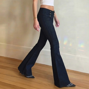 Womens <b>Vintage</b> Y2K Color Block Button Detail Low Rise <b>Flare</b> <b>Jeans</b> Autumn Washed Trendy Streetwear Casual Denim - Product Image 4
