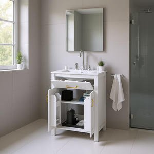Bathroom Vanity Combo 24 Inch Ceramic Sink Space Saving Design Floor Standing White MDF Cabinet - Product Image 2