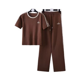 A-L-O Yoga Women's Bow Collar Short-Sleeve <strong>Viscose</strong>/Polyester Knitted <strong>Top</strong> &amp; Above Knee Wide-Leg Pants Two-Piece Set - Product Image 5