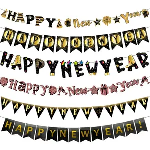 Баннер с надписью «Happy New Year» из черного золота для подвесного украшения, флажки, подвеска с цветами
