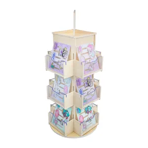 Hot Sale Bookstore Product Displays Stand 3 Tier 4 Sided Wooden Postcard Stickers Multi Pocket Countertop Display Rack
