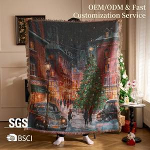 <span class=keywords><strong>Tapisserie</strong></span> tissée scène nocturne de la ville de Noël avec franges, art mural de rue hivernale enneigée, décoration murale, motif personnalisé OEM/ODM - Product Image 1