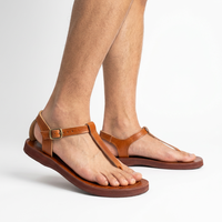 Sandales plates décontractées en cuir véritable marron à bride en T, fermeture à boucle, légères, bout ouvert, couleur unie, unisexe, printemps-été, pour l'extérieur, semelle intermédiaire