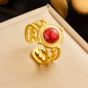 Fashion Court Style Round <b>Red</b> Turquoise Gold Plated Wide Stainless Steel <b>Bracelet</b> Ring Unisex Party Jewelry R548 - Product Image 1