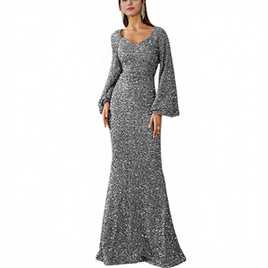 <span class=keywords><strong>Abito</strong></span> <span class=keywords><strong>da</strong></span> <span class=keywords><strong>Sera</strong></span> <span class=keywords><strong>Lungo</strong></span> <span class=keywords><strong>da</strong></span> <span class=keywords><strong>Donna</strong></span> Nuova Moda 2025 con Scollo a V, Gonna Aderente, Maniche a Tromba Scintillanti a Vita Media e Gonna a Linea A in Tinta Unita - Product Image 4