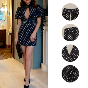 Nuevo Vestido Mini Estampado de Lunares de Verano para Mujer con Cuello Alto, Manga Abullonada y Diseño Hueco en la Cadera, Ideal para el Día a Día y Actividades al Aire Libre - Product Image 2