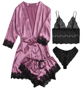 Conjunto de Pijama de Seda Satinada de Secado Rápido de 4 Piezas para Mujer, Sexy, de Talle Alto, Camisola, Ropa de Dormir, Estilo Victoria - Técnica de Teñido Liso - Product Image 2