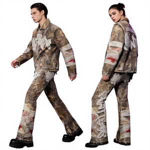 Fabricant de survêtements, logo brodé personnalisé, veste en toile denim camouflage vieilli et pantalon cargo pour hommes - Product Image 5