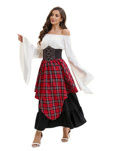 Abiti da ballo medievali in 4 colori, abito asimmetrico con top con cintura, costumi lunghi da pirata per Halloween da donna - Product Image 2