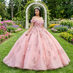 Vestido de Quinceañera Dy5764 con Apliques, Escote Corazón, Largo hasta el Tobillo, de Chifón, para Fiesta Formal de Princesa - Product Image 1