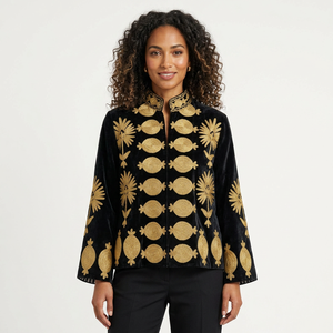 Veste épaisse réversible en velours noir pour femme, style Suzani, avec broderie florale dorée, manches lanternes, fermeture éclair, en coton, pour l'hiver - Product Image 1